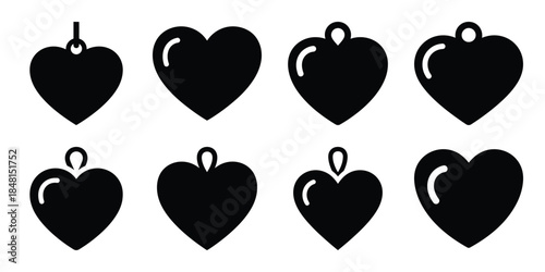 love heart charm minimal flat vector icon set, black color and white background
