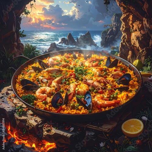 Large paella pan overflowing with seafood and rice, set against a coastal, rocky backdrop, enhanced by a vibrant sunset