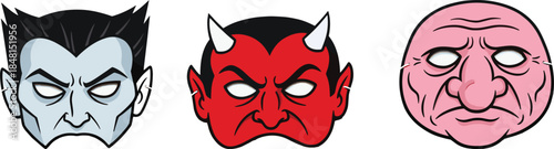 Cartoon mask set with vampire, devil, and elderly faces, theatrical fantasy expressions, flat vector illustration