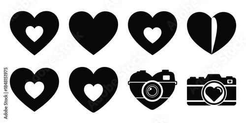 love paper heart minimal flat vector icon set, black color and white background
