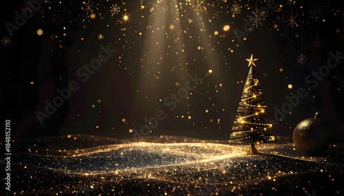 Golden Christmas Tree Sparkle Lights Bokeh Background.