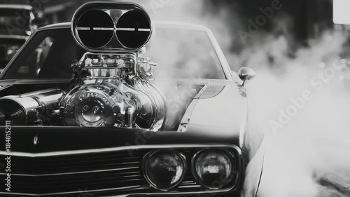 Ultra HD Close up of a powerful classic american muscle car engine with a large chrome supercharger and air intakes, black and white, smoke in background video