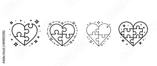 Four black and white heart puzzle illustrations with varying degrees of completion surrounded by small stars and sparkles