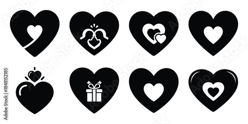 love surprise heart minimal flat vector icon set, black color and white background