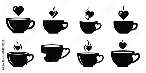 romantic coffee cup minimal flat vector icon set, black color and white background