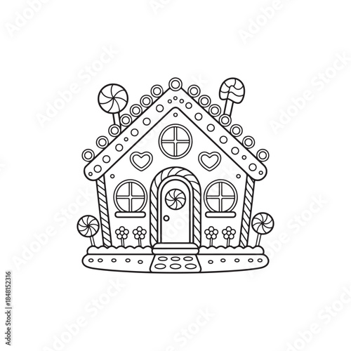 A charming black and white illustration of a gingerbread house decorated with candies and delightful details