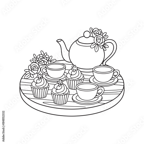 a detailed black and white illustration displays a tea set with cupcakes and floral decorations on a tray