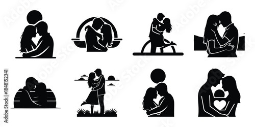 romantic couple sunset minimal flat vector icon set, black color and white background