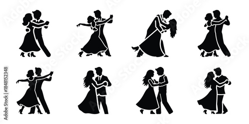 romantic couple dancing minimal flat vector icon set, black color and white background