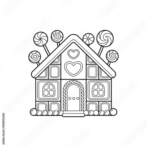 a charming black and white illustration depicts a whimsical gingerbread house adorned with colorful swirl lollipops and sweet details