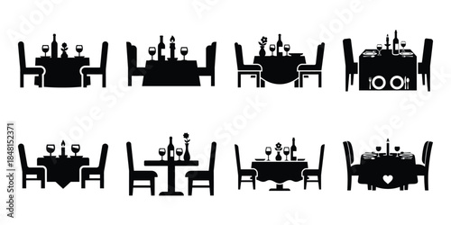 romantic dinner table minimal flat vector icon set, black color and white background