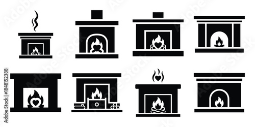 romantic fireplace minimal flat vector icon set, black color and white background