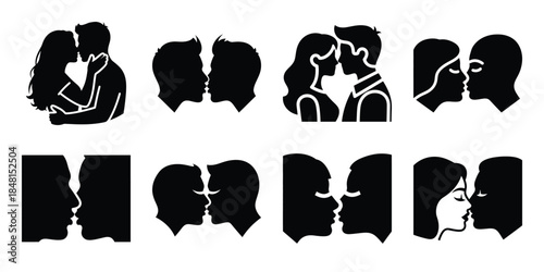 romantic kiss minimal flat vector icon set, black color and white background
