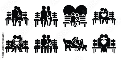 romantic love bench minimal flat vector icon set, black color and white background