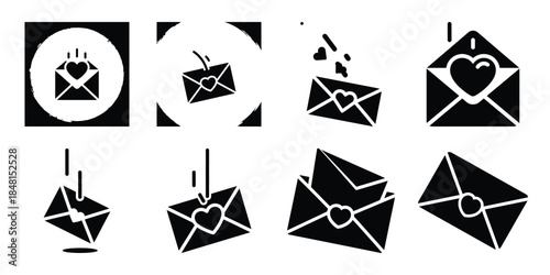 romantic love letter minimal flat vector icon set, black color and white background