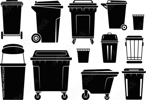 -Black Vector Silhouettes Set of Waste Management Bins Garbage Cans Trash Containers and Recycling Wheelie Buckets Isolated on White Background