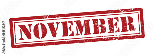 Red November rubber stamp illustration isolated on transparent background. Distressed vintage rectangular label with month name November. Grunge ink effect typography for calendar design, planner
