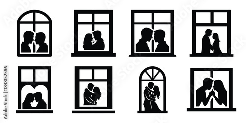 romantic love window minimal flat vector icon set, black color and white background