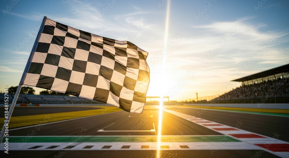 Obraz premium Chequered flag waving at race track finish line against sunset. Winning symbol, racing car competition, auto sport, victory, championship