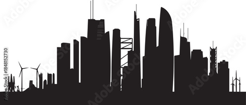 Black silhouette of a futuristic city skyline with wind turbines white