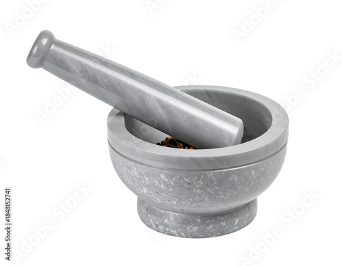 A marble mortar and pestle set used for grinding spices or herbs in culinary preparation