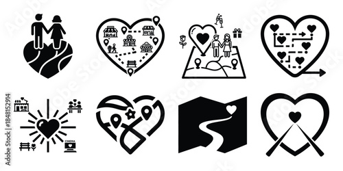 valentine date map minimal flat vector icon set, black color and white background
