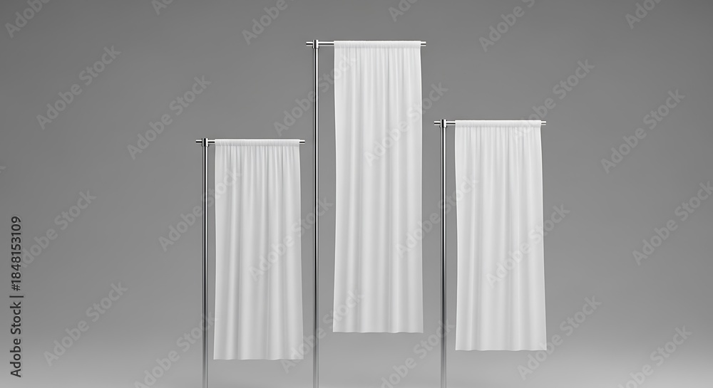 Fototapeta premium Three white curtains hanging on metal rods against a gray background, creating a minimalist and modern aesthetic for interior design mockups