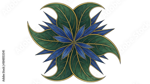Floral Symphony: An exquisite illustration of nature's beauty unfolds with a symmetrical arrangement of leaves, in shades of vibrant blue and lush green, accented by delicate golden borders. 