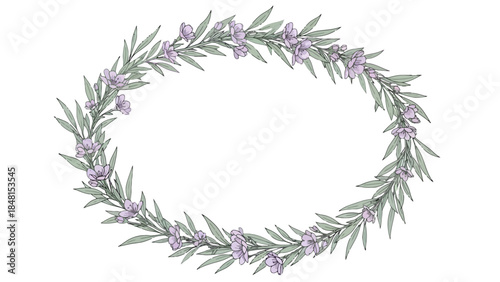 Elegant Floral Wreath: A delicate watercolor illustration showcases a graceful oval wreath, adorned with soft lavender blossoms and lush green foliage, exuding timeless beauty and natural elegance.