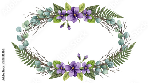 Floral Elegance: A delicate arrangement of vibrant purple flowers and lush greenery, meticulously crafted into an elegant oval wreath, evoking a sense of natural beauty and timeless grace.