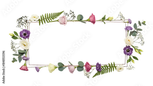Floral Frame of Elegance: A delicate and intricately designed rectangular frame, adorned with a harmonious arrangement of fresh, vibrant flowers and lush greenery.