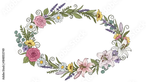 Floral Frame: A beautiful floral frame that is an oval arrangement of diverse flowers, leaves and stems. showcasing the elegance and artistic flair.