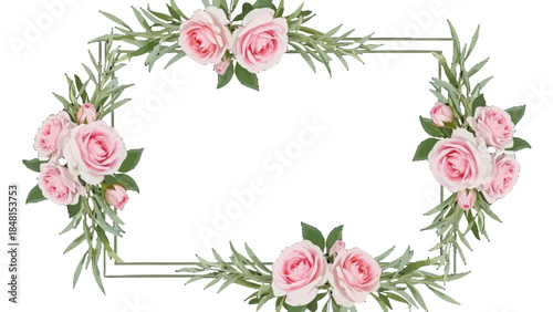 Floral Elegance: Soft pastel roses and verdant leaves gracefully frame an empty space, exuding a sense of freshness and delicate beauty.