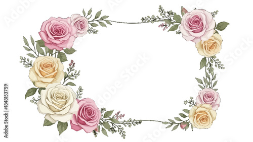 Floral Frame: A delicate floral frame, meticulously crafted with vibrant roses in soft pink, pale yellow, and creamy white, delicately arranged amidst lush green leaves.