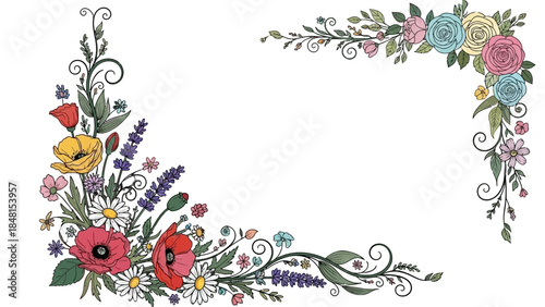 Floral Elegance: Two exquisite floral borders bloom with vibrant colors, showcasing delicate petals, intricate details, and a touch of botanical artistry.