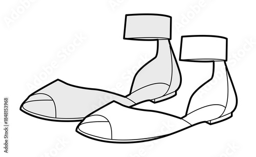 Ankle strap sandal shoe women sketch pair. Closed heel flat sandal for casual city outfit summer day. Technical fashion illustration CAD mockup vector man unisex isolated classic style.