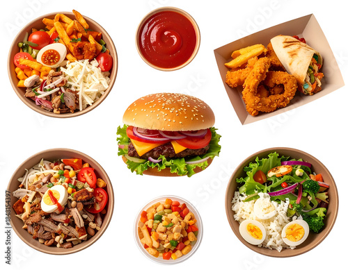 A variety of fast food dishes including a burger, salads, fried chicken wrap, and side dishes displayed together