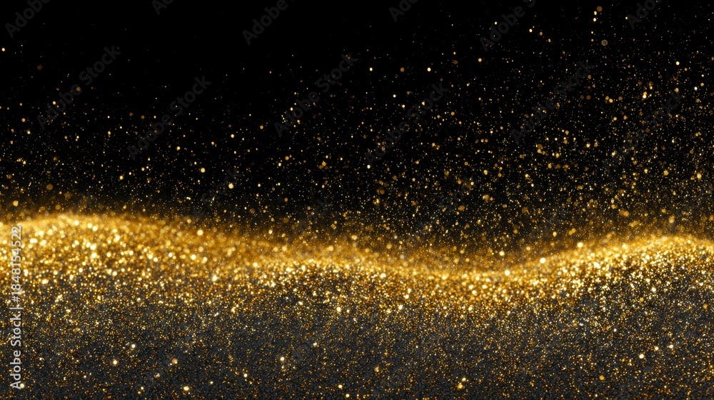 Fototapeta premium Golden glittering particles are seen floating against a stark black background, forming a wave-like pattern. These specks create a feeling of luxury and festivity