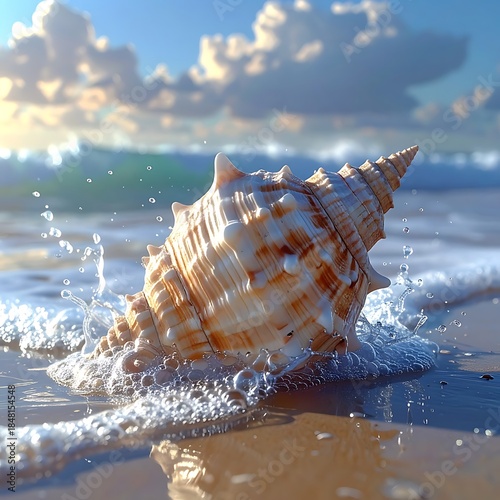 Large seashell resting on the shore, waves gently washing around it under a bright, cloudy sky