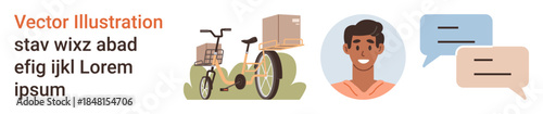 Delivery services, community interaction, courier systems, logistics, online platforms, conversational tools. Cargo bike carrying packages, smiling person and speech bubbles. Delivery services