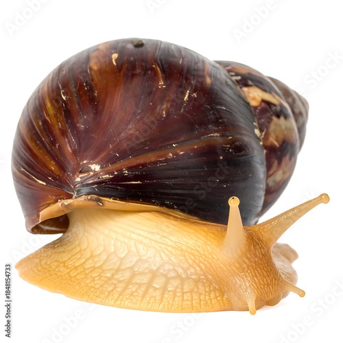 Large snail with brown shell and pale body, isolated against white. Close-up shot displaying shell pattern and textures