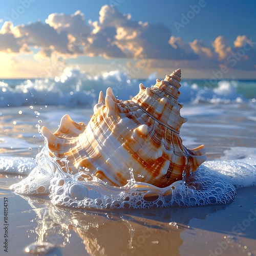 Large seashell sits in shallow water, with gentle waves, a sandy beach, and a bright, cloudy sky in the background