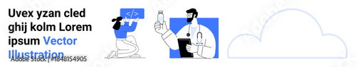 Healthcare, telemedicine, digital records, medical innovation, data sharing, cloud solutions. Two doctors discussing technology and patient care. Healthcare and telemedicine