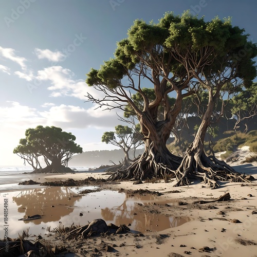 Large, sprawling trees stand on a sandy beach, their roots exposed, reflecting in shallow water under a bright sky