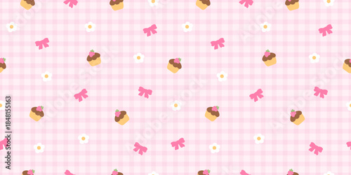 Seamless pink gingham pattern with kawaii strawberry cupcakes, bows and tiny white daisies. Sweet romantic background for Valentine wrapping paper, fabric, stationery and girly pastel projects.