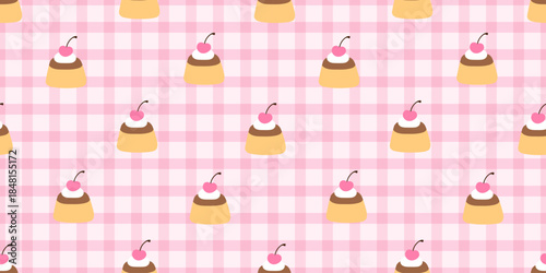 Seamless pink gingham pattern with kawaii pudding desserts topped with whipped cream and cherries. Sweet pastel background perfect for Valentine wrapping paper, fabric, stationery and dessert projects
