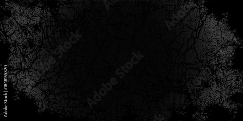Black and white background. Black stone texture. Old concrete wall with cracks. Web banner. Dark grunge background with copy space for design. Horror, spooky, halloween.