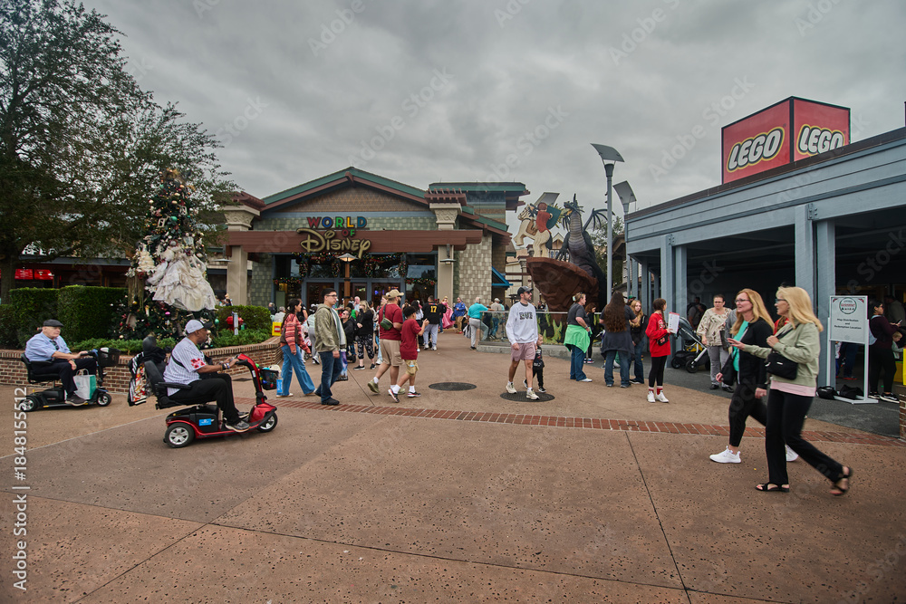 Obraz premium Orlando, Florida, USA-December 9 2025:Disney Springs an entertainment complex at Walt Disney World Resort. Afternoon shot showing The LEGO store