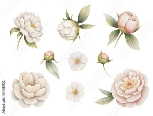 Romantic peony blooms and buds painted in a natural watercolor style.