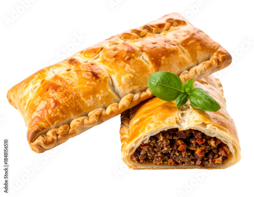 Delicious baked pastry filled with seasoned ground meat and vegetables, garnished with fresh basil leaves